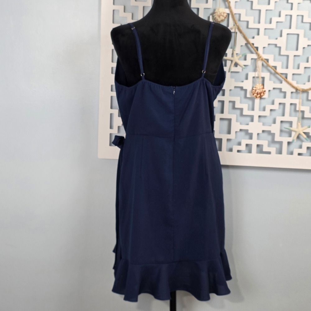 Navy Blue Ruffle Faux Wrap Mini Dress Spaghetti Strap Cocktail Dress M - Picture 2 of 4